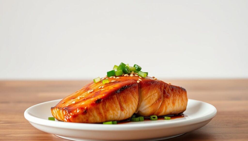 A delectable teriyaki salmon dish set against a clean, minimalist backdrop. In the foreground, a succulent salmon fillet, seared to perfection, glistens with a rich, caramelized teriyaki glaze. Garnished with vibrant green onions and toasted sesame seeds, the salmon is plated on a white ceramic dish, lending an elegant, understated presentation. The middle ground features a simple, uncluttered setting, with a smooth wooden table and a plain white wall behind, allowing the dish to take center stage. Soft, warm lighting casts a gentle glow, highlighting the dish's alluring colors and textures. An atmosphere of refinement and culinary artistry permeates the scene, inviting the viewer to savor the unique flavors and presentation of this exceptional teriyaki salmon.