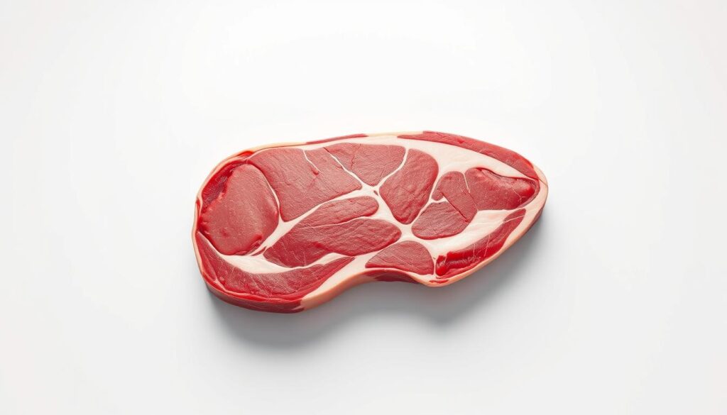 A highly detailed, anatomically accurate diagram of a top round beef steak cut, rendered with photorealistic precision. The steak is displayed against a clean, minimalist white backdrop, allowing the intricate muscle and fat structures to take center stage. Crisp lighting from an overhead source casts subtle shadows, highlighting the various sections and marbling patterns. The diagram is presented from a slightly angled perspective, providing a clear, comprehensive view of the top round's distinctive shape and internal composition. The overall mood is one of clinical precision and educational clarity, inviting the viewer to closely examine the nuanced details of this important beef cut.