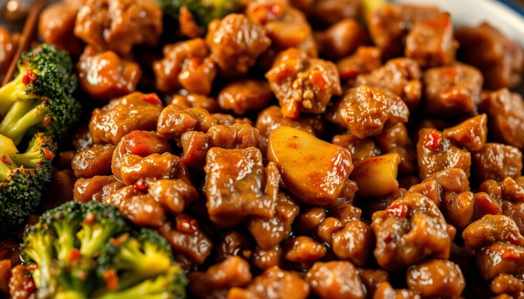 A mouth-watering close-up of a perfectly seared ground beef and broccoli stir-fry dish, bursting with vibrant colors and tempting textures. The beef is cooked to a delectable golden-brown crust, while the broccoli florets retain a crisp-tender bite. The dish is bathed in a rich, glistening sauce that clings to each morsel, hinting at the bold flavors within. Captured in a dramatic low-angle perspective, the scene is illuminated by warm, soft lighting that casts enticing shadows and highlights the dish's intricate details. The overall composition evokes a sense of rustic elegance, inviting the viewer to savor the satisfying simplicity of this quick and delicious stir-fry.