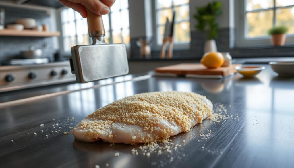A sleek, stainless steel kitchen counter showcases the preparation of a perfect chicken cutlet. In the foreground, a well-seasoned chicken breast is carefully pounded into an even, thin cutlet using a sturdy meat mallet. Delicate panko breadcrumbs are gently pressed onto the cutlet, creating a crisp, golden-brown crust. Soft, natural lighting from large windows casts a warm glow, highlighting the delicate textures. In the background, a chef's knife, lemon wedges, and a small bowl of seasoning stand ready, completing the scene of a masterful chicken cutlet preparation.