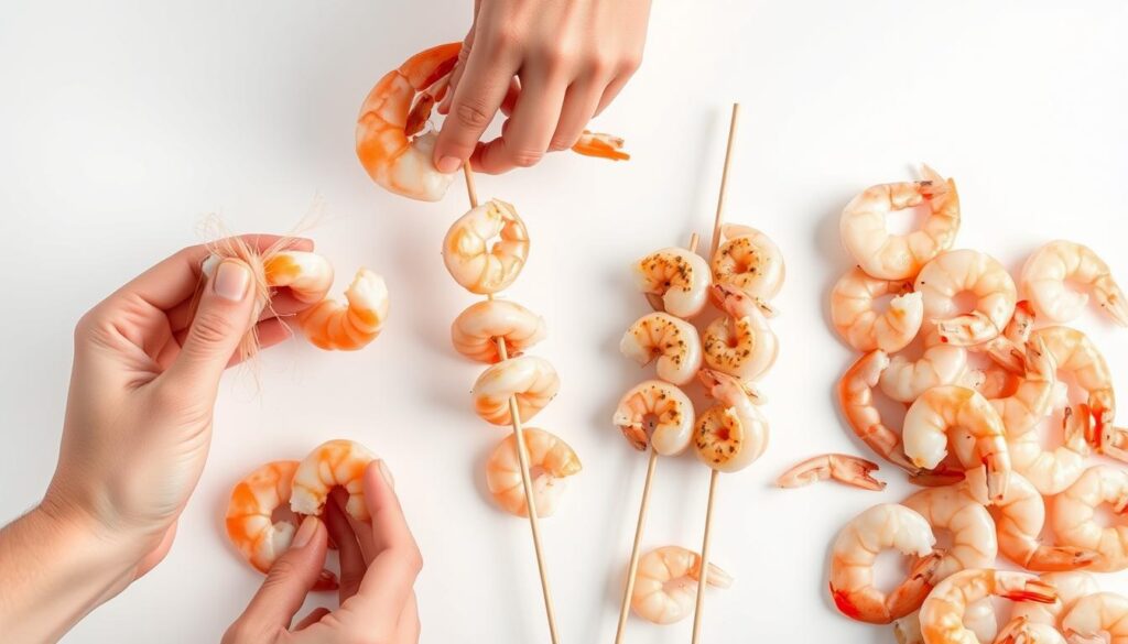 Shrimp preparation techniques: a high-angle studio shot showcasing three distinct methods. In the foreground, a hand peels and deveins plump shrimp against a crisp white backdrop, revealing their coral-pink hues. In the middle ground, another hand deftly skewers shrimp onto bamboo sticks for grilling, with a subtle hint of seasoning. In the background, shrimp are neatly arranged and ready for sautéing, the soft lighting accentuating their delicate, translucent forms. This clean, minimalist composition highlights the essential techniques for perfectly prepared shrimp, the key to crafting a truly exceptional shrimp dinner.